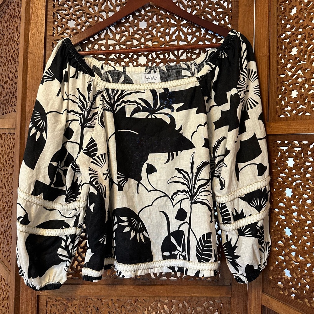 Nicole Miller Off-Shoulder Black and Cream Linen Top